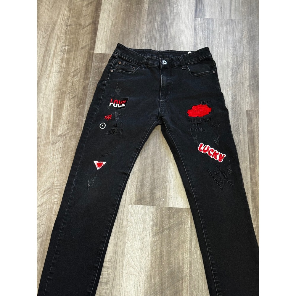 Fashion Denim Mens Black Punk Rock Graphic Patch Distressed Slim Jeans Size 28